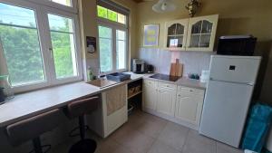 a kitchen with a white refrigerator and a sink at History Tornyos Apartman in Balatonfüred