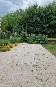 a gravel driveway in a garden with flowers at History Tornyos Apartman in Balatonfüred