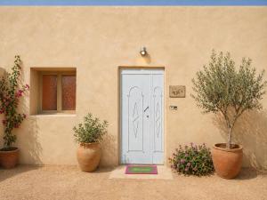 a door of a house with two potted plants at Sahara Desert Apartment with Camel Tours & Free WiFi in Merzouga