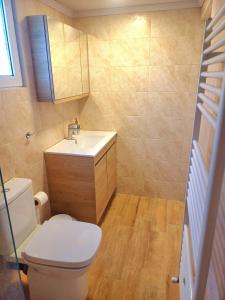 a small bathroom with a toilet and a sink at Bougainvillea Retreat above Faliraki in Kalithies +23 photos