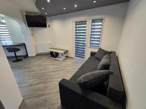 ein Wohnzimmer mit Sofa und Tisch in der Unterkunft BlueBee Hive in Orăştie