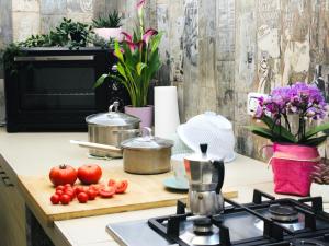 a kitchen counter with a stove and tomatoes on a cutting board at Thalassa Holiday Home with Terrace near the Sea - Anzio in Anzio