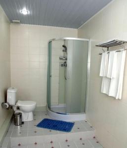 a bathroom with a shower with a toilet and a glass door at Mixt Royal Palace in Samarkand
