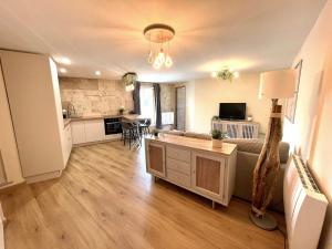 a large living room with a couch and a kitchen at Le Barral in Voiron +6 photos