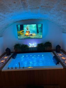 a large swimming pool in a room with a tv at Buonaventura house in Triggiano