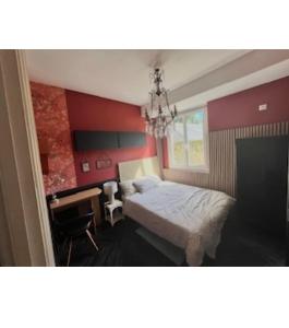 a bedroom with a bed and a desk and a chandelier at Appartement centre rennes in Rennes