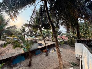 a view of a beach with palm trees and a building at Nanasu Home stay in Malpe