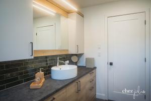 a bathroom with a sink and a counter top at gîte chez julio in Sainte-Flavie +33 photos