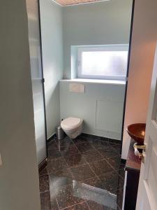 a bathroom with a toilet and a window at 40 kvm lejlighed in Kjellerup