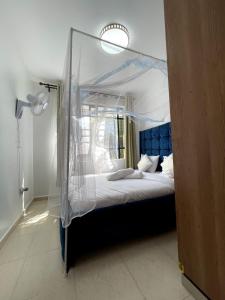 a bed with a canopy in a room at Bay Loft 1 Br Netflix Lake Views, Starlink in Homa Bay