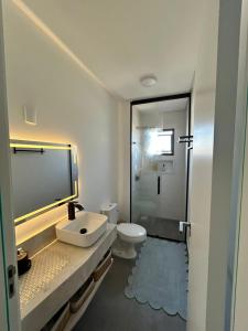 a bathroom with a toilet and a sink and a shower at Apê completo 2 quartos 300m da praia15min Beto Carreiro in Piçarras