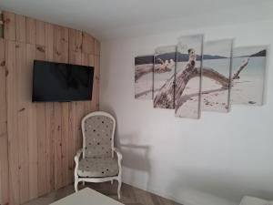 a room with a chair and a tv on a wall at Maison de jacque in Mimizan