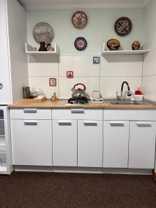 a kitchen with white cabinets and a sink at Книжка in Vinnytsya