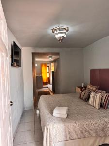 a bedroom with a large bed and a chandelier at Hotel Casa 22 in San Miguel de Allende