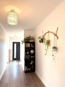 a hallway with a chandelier and a book shelf at Home Inn Timaru in Timaru