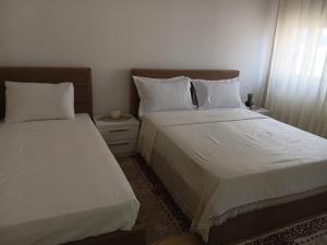 two beds sitting next to each other in a bedroom at Nik's Cozy Apartment in Berat +9 photos