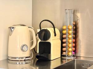 a kitchen counter with a coffee maker and a blender at Sunny Alpine Apartment - 180 View in Lens