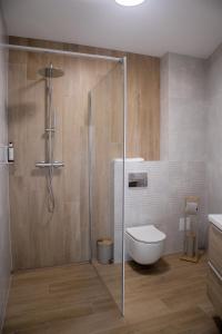 a bathroom with a shower with a toilet and a sink at Domek Nad Jeziorem 6 osobowy in Rożnów +25 photos