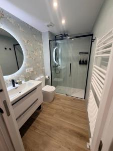 a bathroom with a shower and a sink and a toilet at El rincón de armanyá in Lugo
