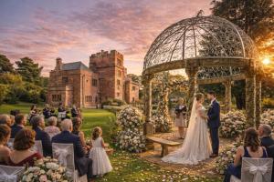 a wedding in front of a gazebo at Dalston Hall in Carlisle