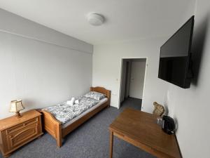 a room with a bed and a tv and a table at Wald Hotel in Kirschweiler