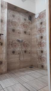 a bathroom with a shower with a wooden wall at Hostel Horgos Centar in Horgoš +73 photos