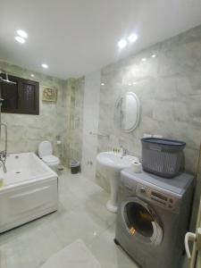 a bathroom with a washing machine and a sink at Kemet Pyramids Apartments in Cairo +30 photos