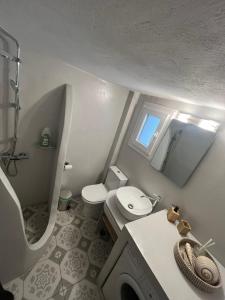a small bathroom with a toilet and a sink at AJ studios by the Sea in Kithnos +101 photos