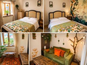 three pictures of a bedroom with a bed and a couch at Greytree Cottage in Ross on Wye