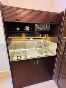 a small kitchen with a sink and a stove at Hotel marmaras in Neos Marmaras