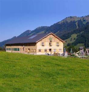 ein großes Haus auf einem Hügel auf einem Feld in der Unterkunft Jausenstation Neuschwand in Hittisau