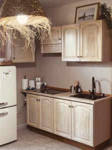 a kitchen with wooden cabinets and a white refrigerator at Dimora da Adele in Termoli