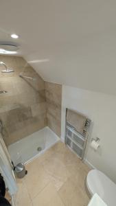 a bathroom with a shower and a toilet at The Wimpey At Mill Cottage in Bedford +30 photos