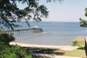 a dock in the water next to a beach at Historic Coastal Suite Steps to the Water - Suite One in Fairhope +9 photos