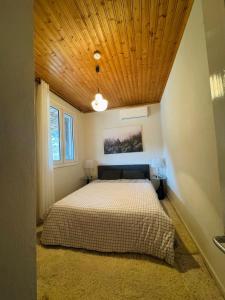 a bedroom with a bed with a wooden ceiling at Gaias Hideway in Áno Vlasía