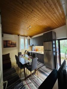a kitchen with a table with chairs and a refrigerator at Gaias Hideway in Áno Vlasía