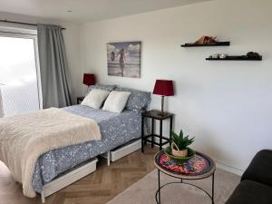 a bedroom with a bed and a table and a couch at Follies Garden Studio in Dungarvan