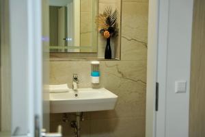 ein Badezimmer mit einem Waschbecken, einem Spiegel und einer Vase in der Unterkunft Mersa Hotel in Backnang