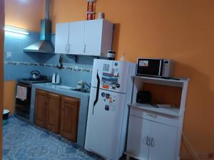 a kitchen with a white refrigerator and a microwave at Hospedaje Algo Nuestro in Gobernador Gregores