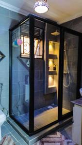 a glass shower in a bathroom with a sink at The apartment Bwebajja 3 in Namulanda +58 photos