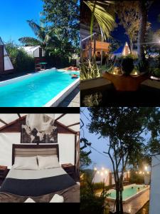 a collage of pictures of a pool and a bed at Chalés & glamping primitivo Búzios in Búzios +24 photos