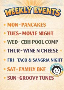 a poster ofweekly events moon pancakes toes movember night weed pool curry at Mad Monkey Hostel Coogee Beach in Sydney