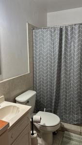a bathroom with a toilet and a shower curtain at Casa Vivanco apartment #5 in Ensenada