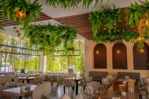 a restaurant with tables and chairs and large windows at Eco City Hoteles in Tuxtla Gutiérrez