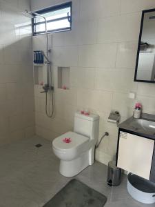 a bathroom with a toilet and a shower and a sink at Matirina Ura lodge in Arue