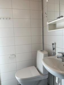 a white bathroom with a toilet and a sink at Apartments Maaherrankatu in Kuopio +10 photos