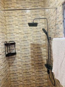 a shower with a glass door in a bathroom at Water House Lodge in Apenkwa +1 photo
