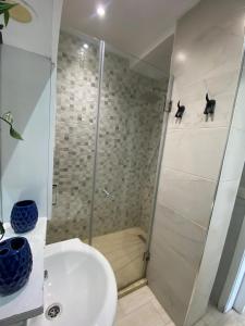 a bathroom with a shower and a sink and a toilet at Estrella de Martil in Martil +60 photos