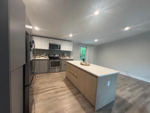 a large kitchen with a counter and a refrigerator at Cozy Rooms in Decatur in Decatur