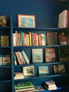 a blue book shelf filled with lots of books at Fare Panaipo in Uturoa